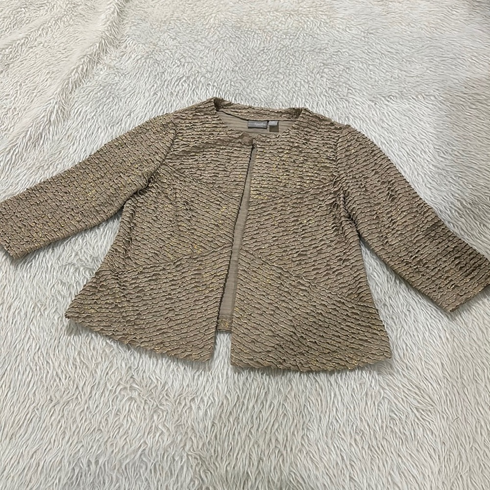 Chicos travelers women’s brown metallic gold ruffle jacket top size 1
